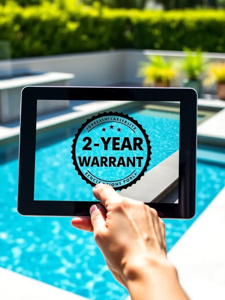 A hand pointing to a '2-Year Warranty' badge on a tablet displaying a completed pool project, highlighting the company's confidence in their workmanship.
