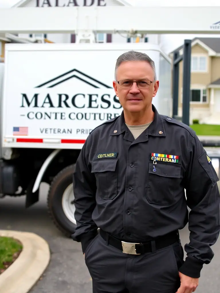 A proud veteran in uniform stands in front of a Marchese Concrete Couture truck, symbolizing the company's veteran-owned status and commitment to service.