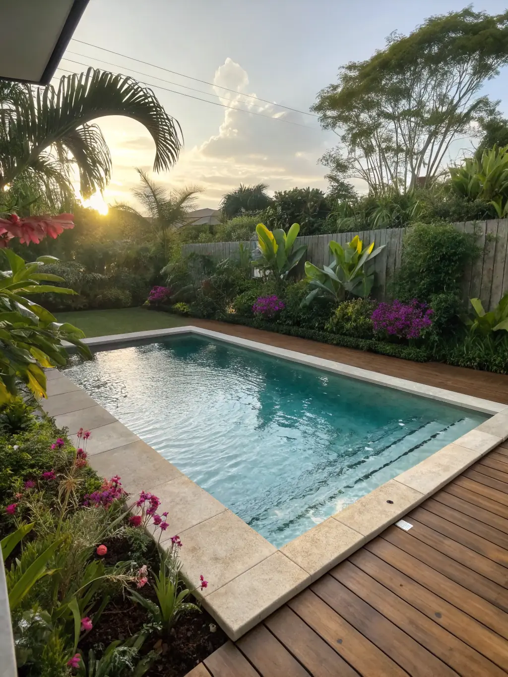 A high-angle photograph of a newly constructed custom gunite pool with an infinity edge, overlooking a lush green lawn and a modern outdoor living space. The pool features a built-in spa and elegant water features.