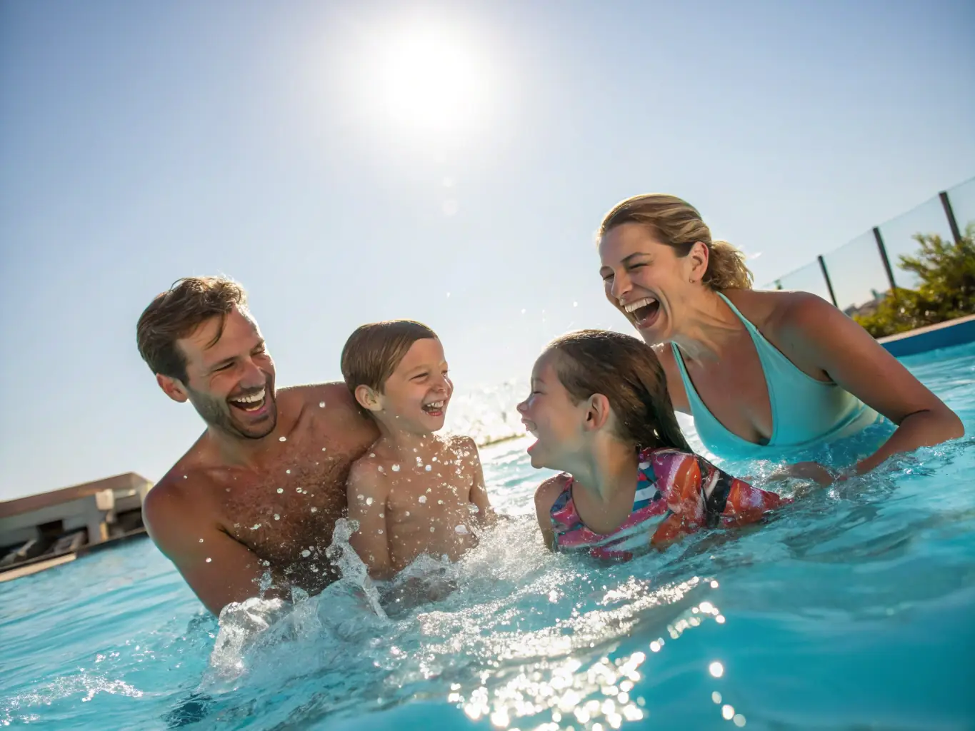 A family enjoying their new custom concrete pool and patio, showcasing customer satisfaction and the creation of lasting memories.