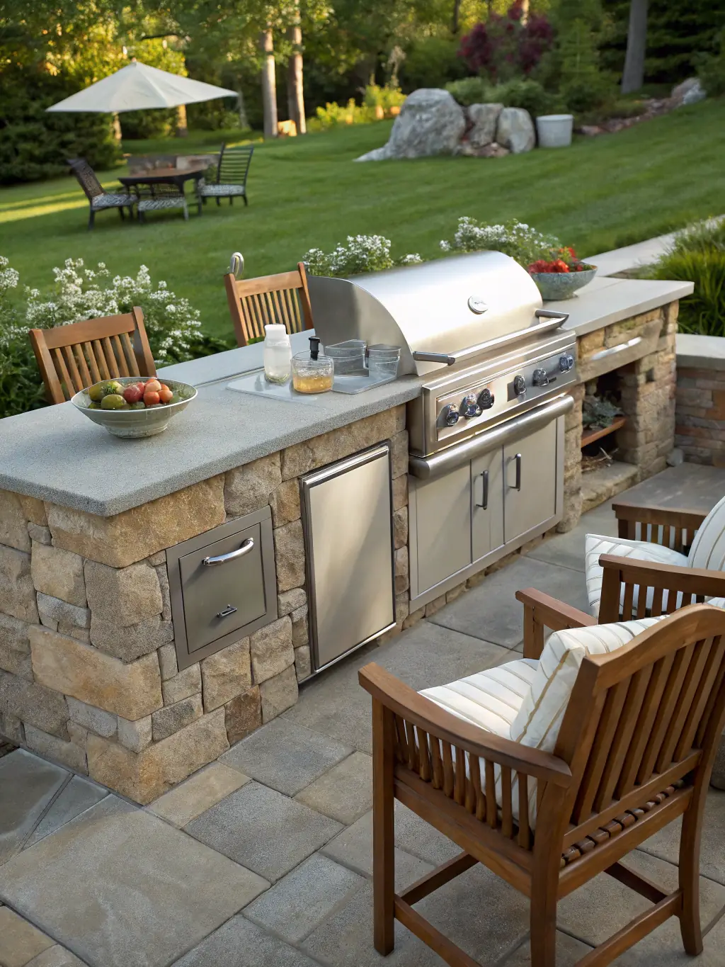 A photograph of an outdoor kitchen featuring concrete countertops, a built-in grill, and a bar area, all seamlessly integrated into a stamped concrete patio with comfortable seating.