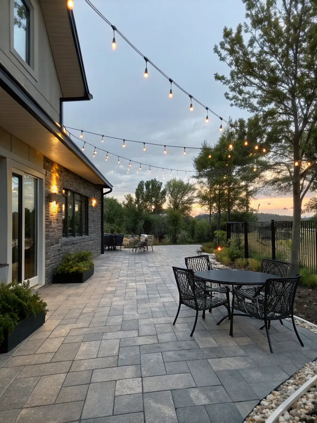 A wide shot of a stamped concrete patio with an outdoor kitchen and a built-in fire pit, highlighting the elegant design and functionality of the space created by Marchese Concrete Couture.