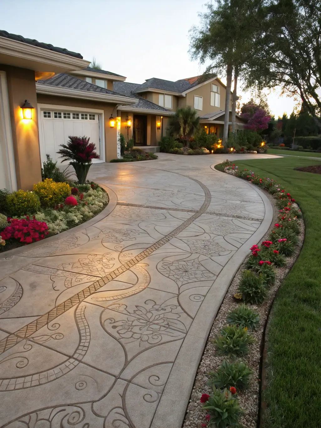 A close-up shot of a decorative concrete driveway with intricate patterns and a premium finish, showcasing the enhanced curb appeal achieved by Marchese Concrete Couture.