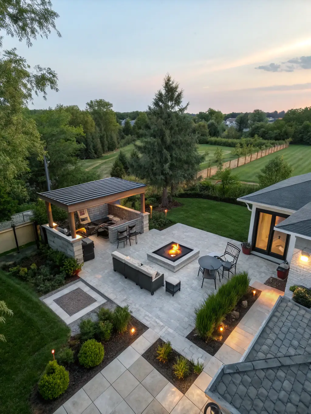 A drone shot capturing an entire outdoor living space designed and built by Marchese Concrete Couture, including a pool, patio, and outdoor kitchen, emphasizing the seamless integration and luxury lifestyle.