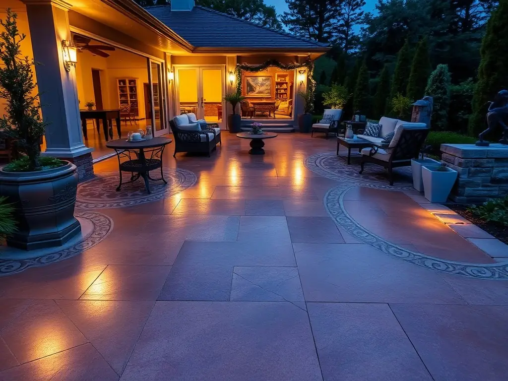 A beautifully stamped concrete patio with an outdoor kitchen and fire pit, perfect for entertaining. The patio is adorned with stylish furniture and ambient lighting, creating a warm and inviting atmosphere.
