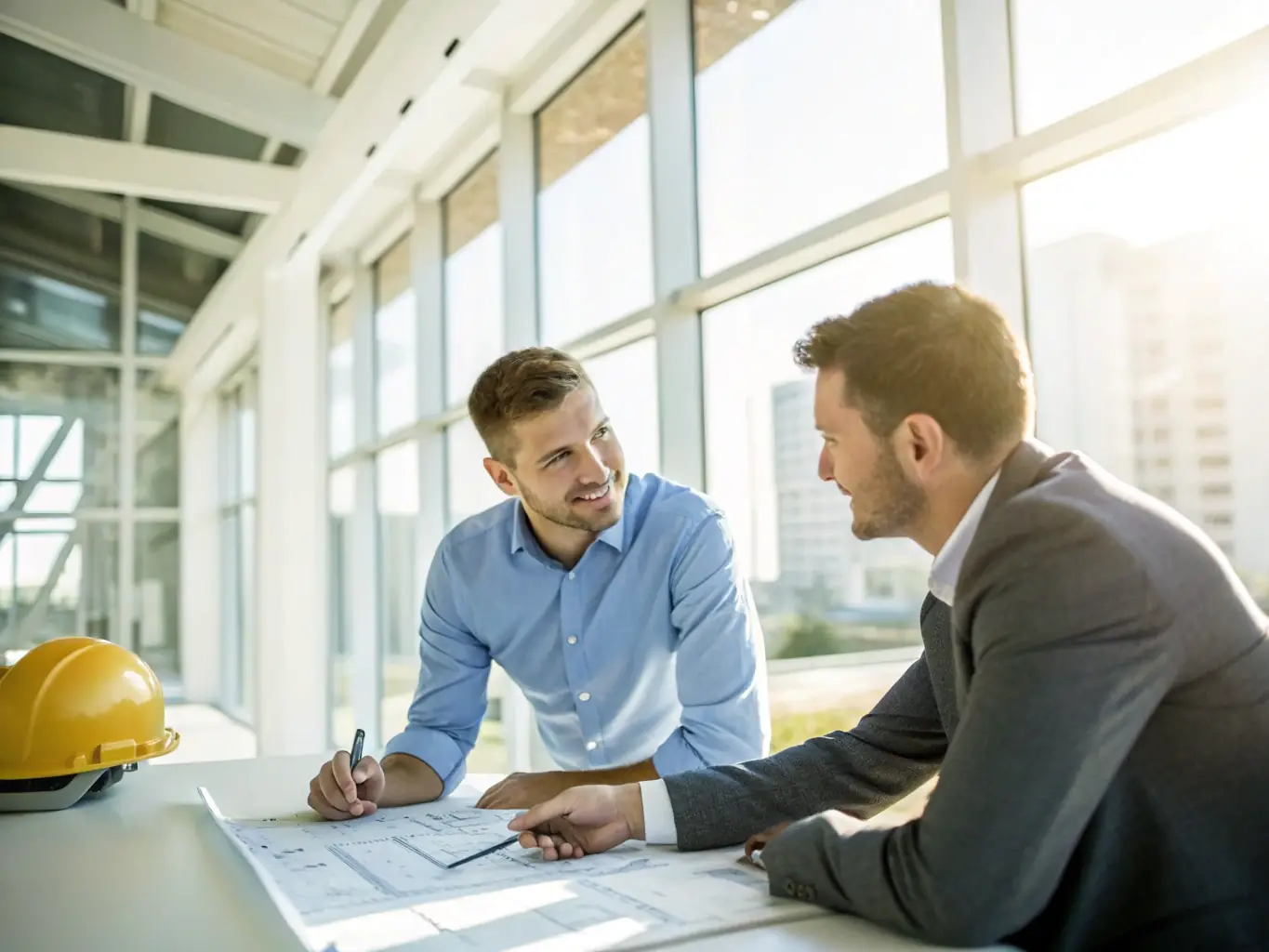 A high-angle shot of a construction expert, Nick Marchese, reviewing blueprints with a client in a luxury backyard setting, showcasing clear communication and collaboration.