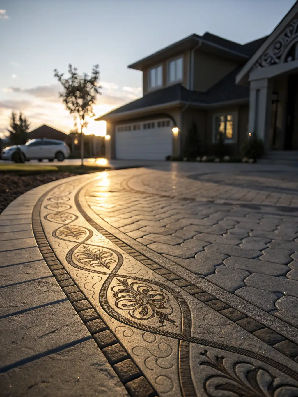 A drone shot showcasing a decorative concrete driveway with a unique, swirling pattern and warm earth tones, leading up to a modern home with manicured landscaping.