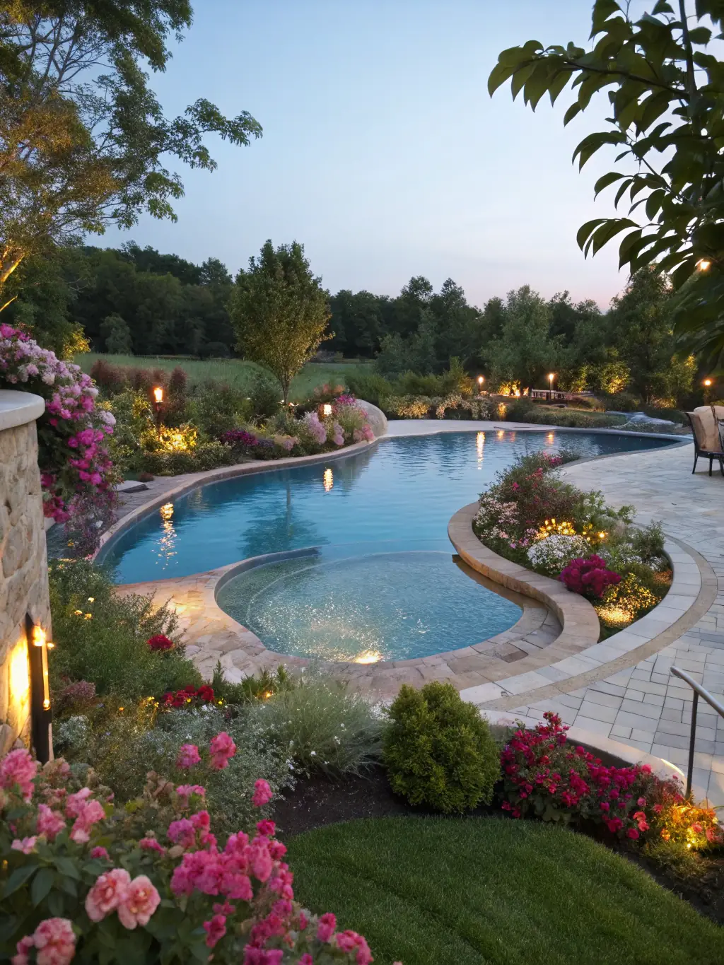 A high-angle photograph of a newly constructed custom gunite pool with a built-in spa and waterfall feature in a luxury backyard setting, showcasing the craftsmanship of Marchese Concrete Couture.